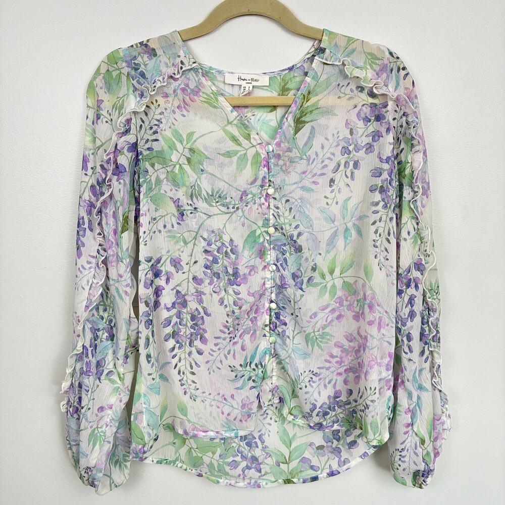 Haver & Blair Sheer Chiffon Floral Ruffle Blouse Size S Cottage Romantic Whimsy